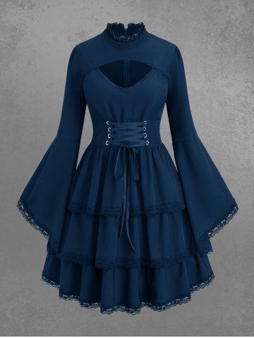 Gothic Lace-up Layered Ruched Floral Lace Trim Cutout Flare Sleeves Dress - MIDNIGHT BLUE - L | US 12