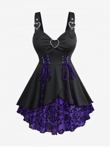 Plus Size Floral Flocking Tulip Hem Layered Ruffles Lace Up Ruched Heart Buckles Tank Top - PURPLE - 2X | US 18-20