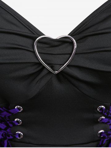 Plus Size Floral Flocking Tulip Hem Layered Ruffles Lace Up Ruched Heart Buckles Tank Top