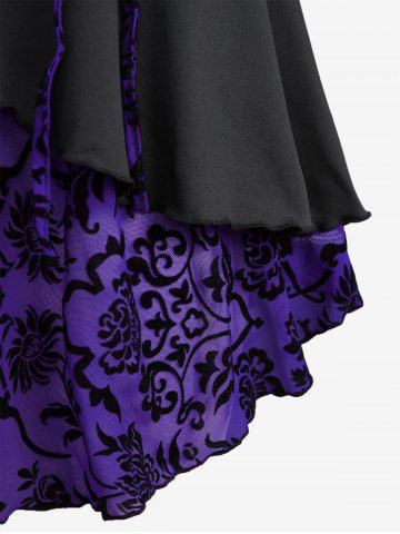 Plus Size Floral Flocking Tulip Hem Layered Ruffles Lace Up Ruched Heart Buckles Tank Top