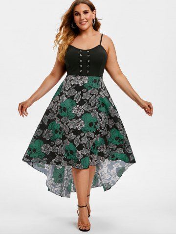 Plus Size Chiffon Skull Floral Printed Grommets High Low Halloween Dress - DEEP GREEN - M | US 10