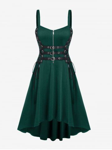 Plus Size Grommets Lace Up Buckles Zipper High Low Midi Dress