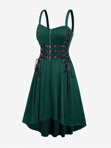 Plus Size Grommets Lace Up Buckles Zipper High Low Midi Dress