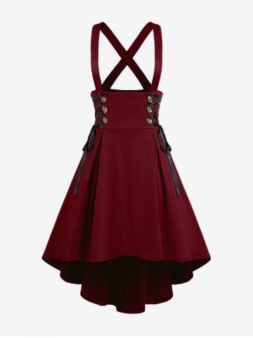 Gothic Plus Size Lace-up Buttons High Low Suspenders Skirt - DEEP RED - 5X | US 30-32
