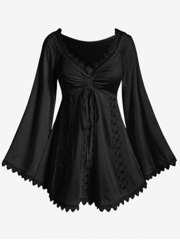 Plus Size Lace Trim Hollow Out Cinched Flare Sleeves T-shirt - BLACK - 2X | US 18-20