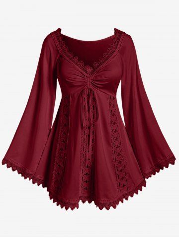 Plus Size Lace Trim Hollow Out Cinched Flare Sleeves T-shirt - RED - 4X | US 26-28