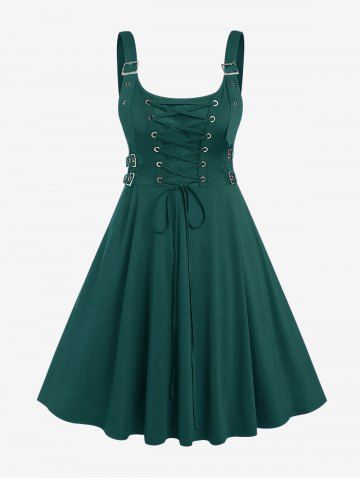 Plus Size Lace Up Buckles A Line Sleeveless Gothic Dress - GREEN - 3X | US 22-24