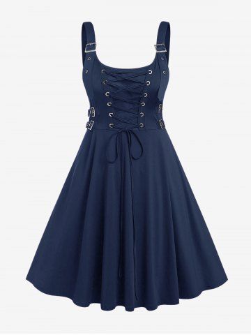 Plus Size Lace Up Buckles A Line Sleeveless Gothic Dress - BLUE - 5X | US 30-32