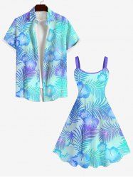 Tenue de Plage Contrastante Imprimé Plant à Fleurs et Feuilles Grande Taille pour Couples - Bleu 