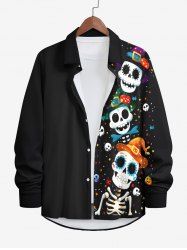 Plus Size Halloween Hat Skulls Skeleton Flowers Pumpkin Print Buttons Long Sleeve Shirt For Men -  