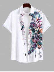 Plus Size Flowers Leaf Feather Tassel Paint Splatter Print Buttons Pocket Hawaii Shirt For Men -  