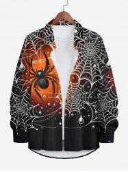 Plus Size Halloween Spider Web Ombre Colorblock Print Buttons Long Sleeve Shirt For Men -  