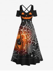 Maxi Robe D'Halloween Citrouille et Toile D'Araignée Imprimées en Blocs de Couleurs de Grande Taille - Multi-A XS