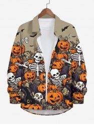 Plus Size Halloween Pumpkin Ghost Skeleton Skulls Bat Print Buttons Long Sleeve Shirt For Men -  