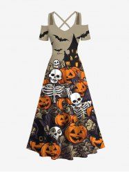 Maxi Robe D'Halloween Citrouille Fantôme et Chauve-souris Imprimés à Epaule Dénudée Grande Taille - Multi-A M