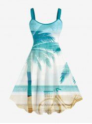 Plus Size Coconut Tree Sea Beach Bike Ombre Colorblock Print Hawaii Tank Dress -  