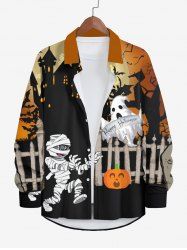 Plus Size Halloween Pumpkin Mummy Ghost Bat Print Buttons Long Sleeve Shirt For Men -  