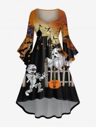Plus Size Halloween Costume Pumpkin Mummy Ghost Bat Print Flare Sleeve High Low Dress -  