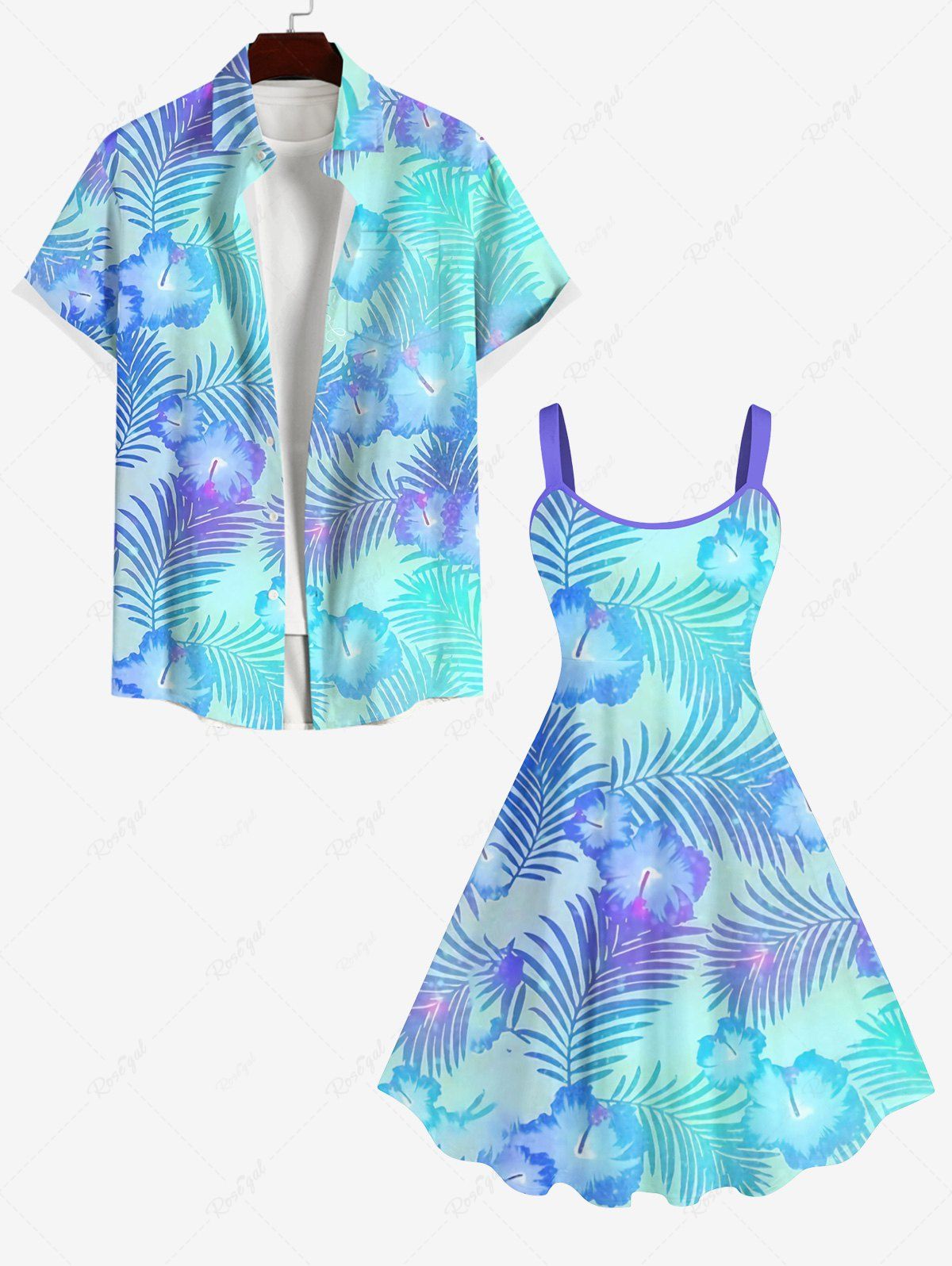 Tenue de Plage Contrastante Imprimé Plant à Fleurs et Feuilles Grande Taille pour Couples Bleu 