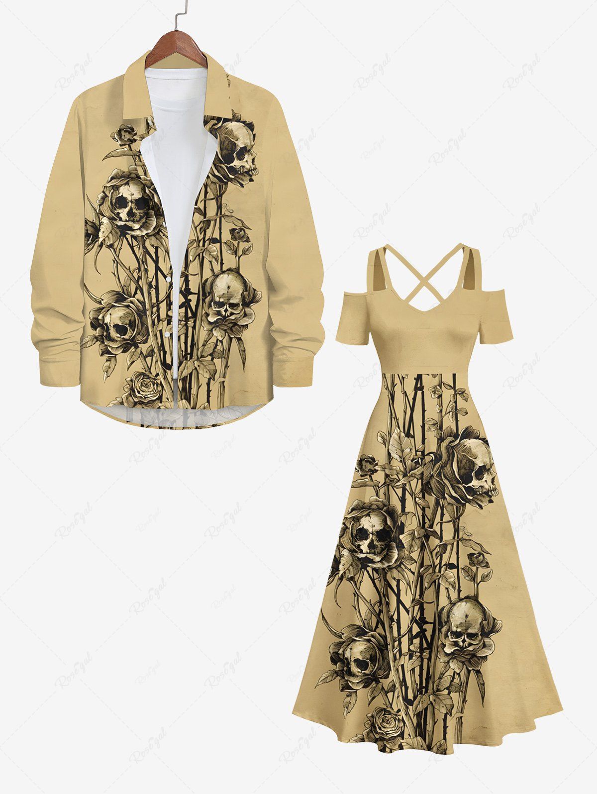 New Halloween Costume Skulls Rose Flower Leaf Print Plus Size Matching Outfit For Couples  