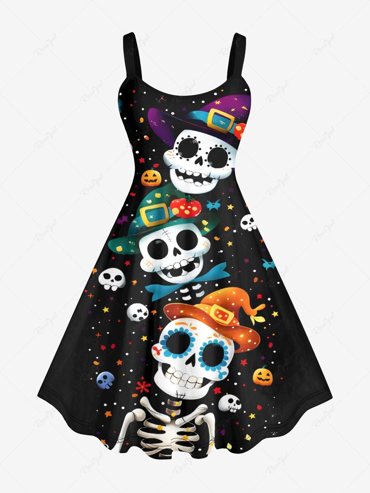 Robe D'Halloween Citrouille Crâne Fleur Imprimées Grande Taille Noir S