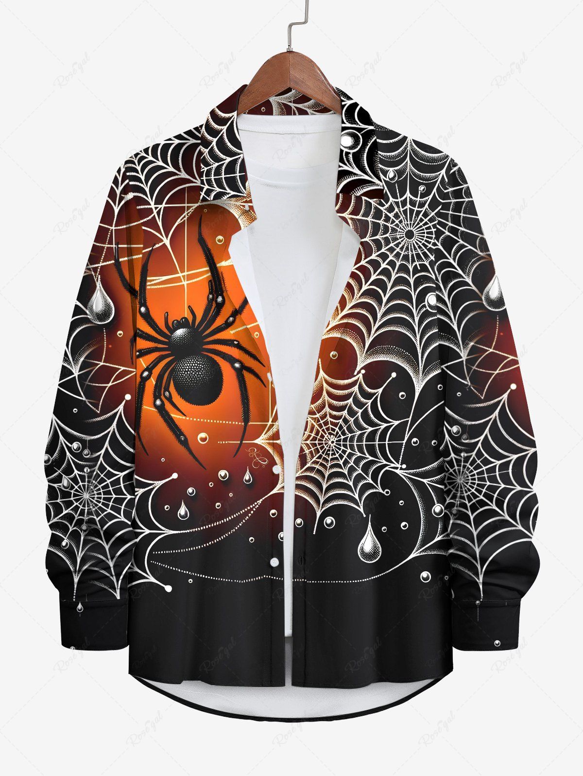 Hot Plus Size Halloween Spider Web Ombre Colorblock Print Buttons Long Sleeve Shirt For Men  