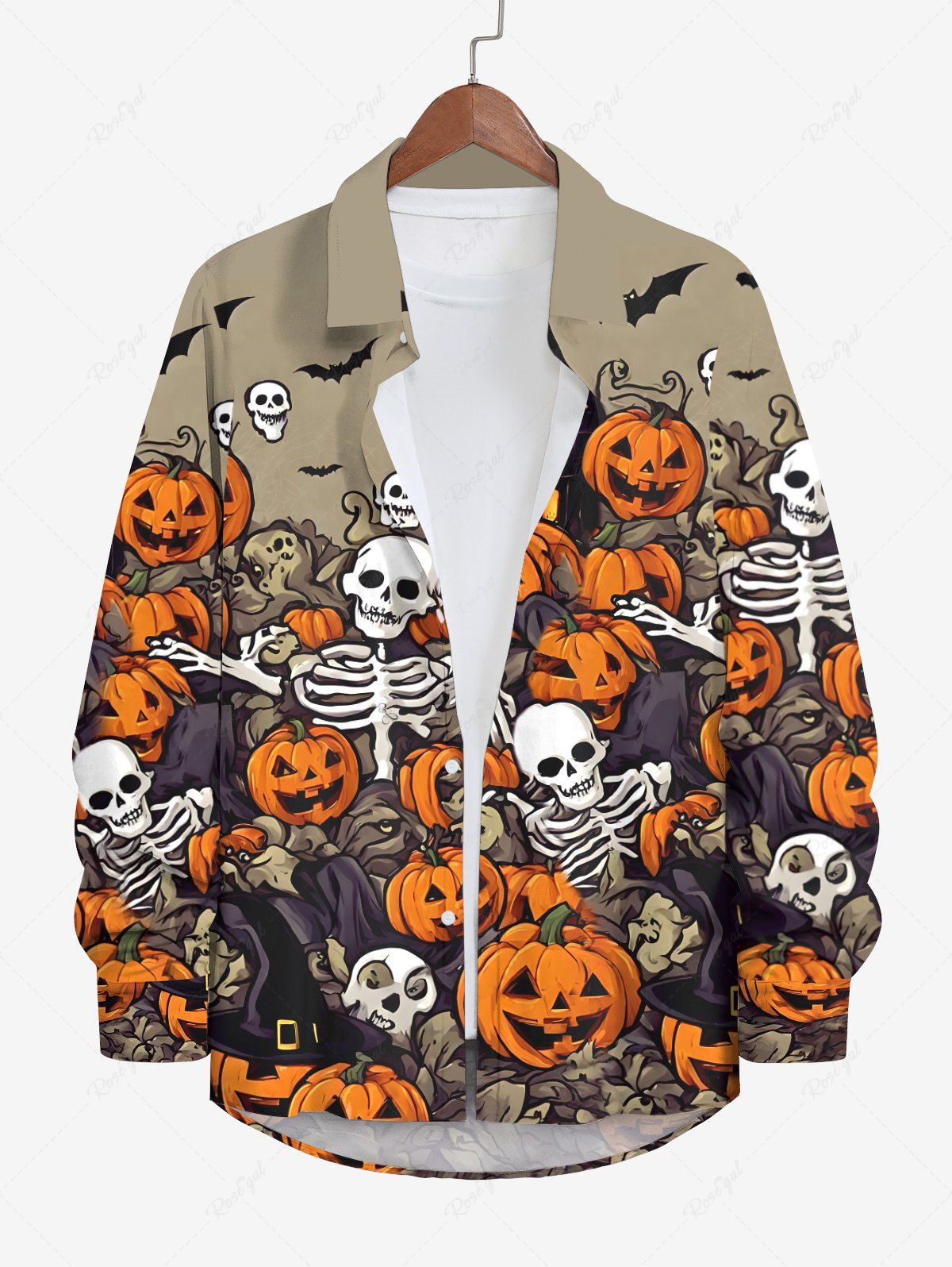 Latest Plus Size Halloween Pumpkin Ghost Skeleton Skulls Bat Print Buttons Long Sleeve Shirt For Men  