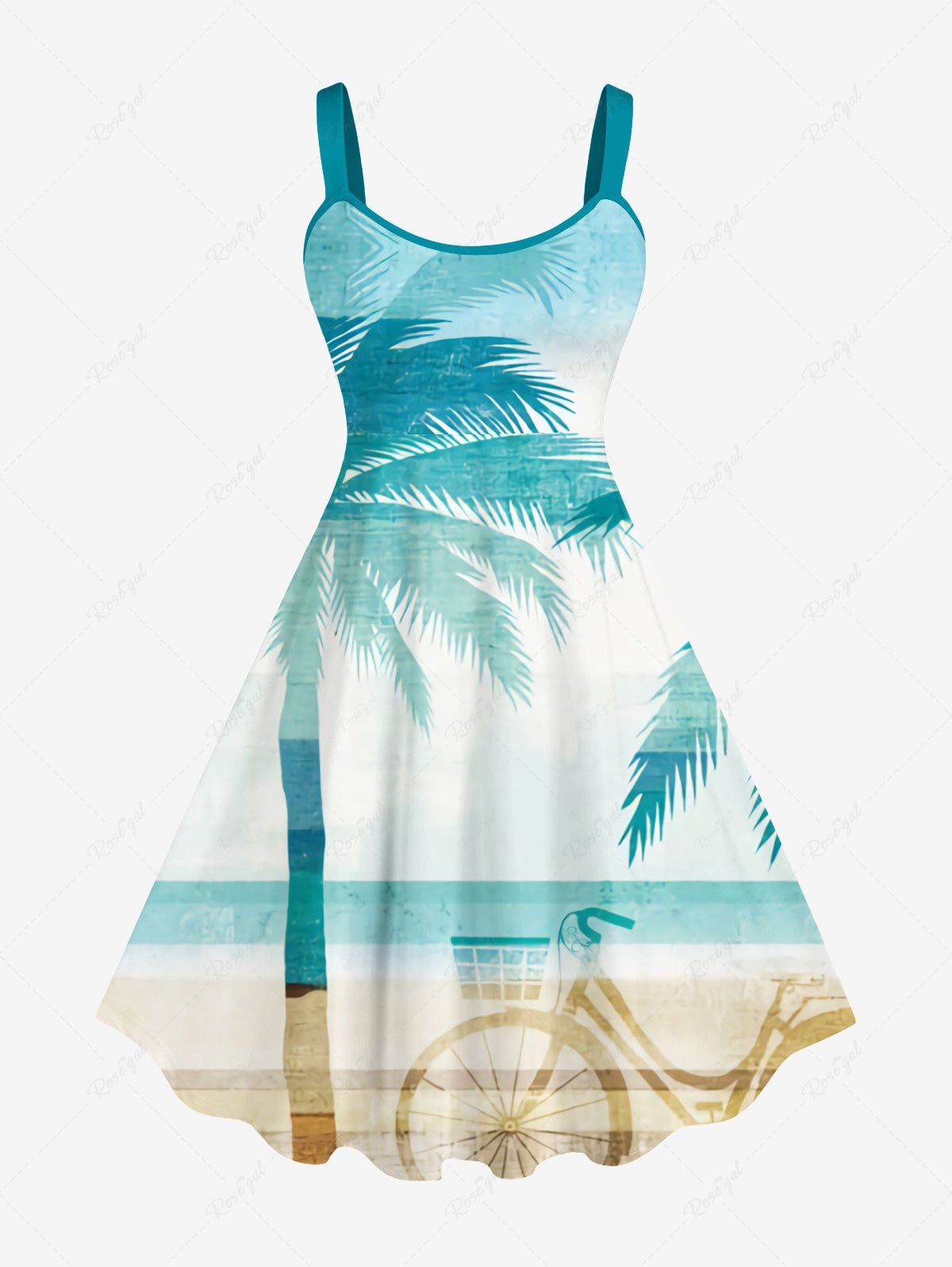 Fancy Plus Size Coconut Tree Sea Beach Bike Ombre Colorblock Print Hawaii Tank Dress  