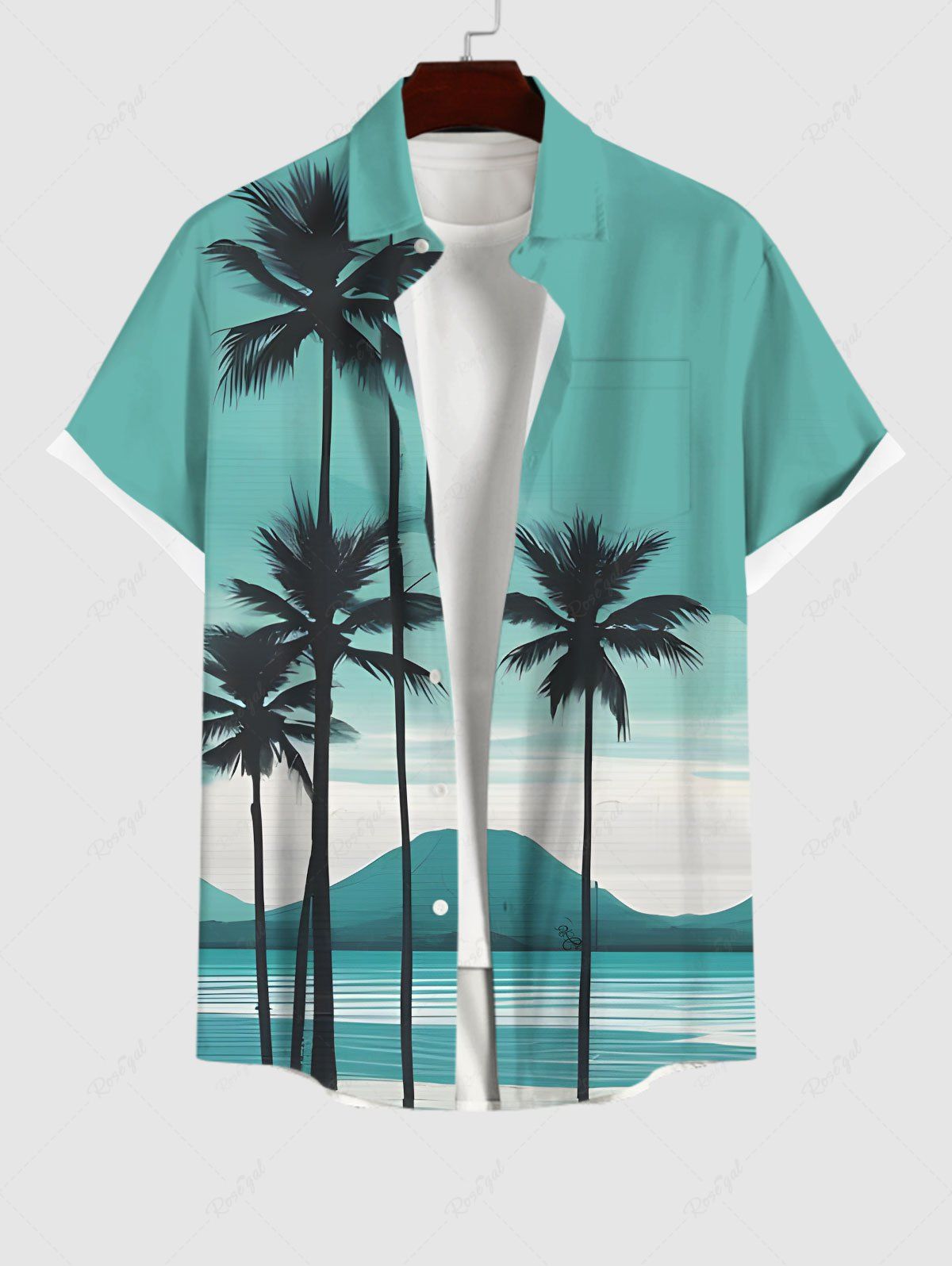 Affordable Plus Size Coconut Tree Mountain Sea Ombre Colorblock Print Buttons Pocket Hawaii Shirt For Men  