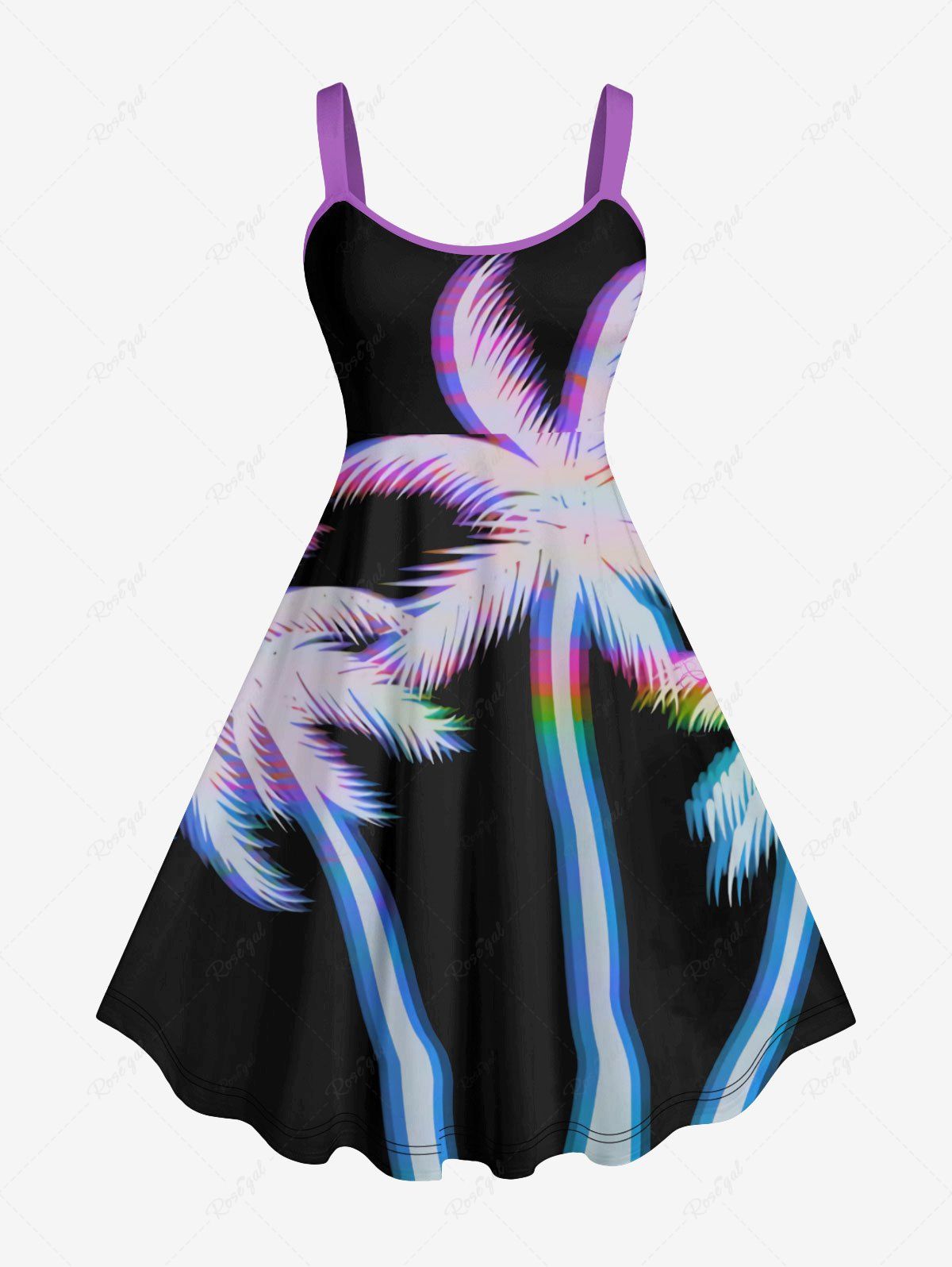 Hot Plus Size Coconut Tree Neon Light Print Hawaii Tank Dress  