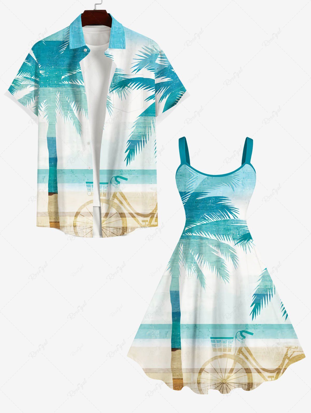 Tenue de Plage Grande Taille Ombrée Imprimé Cocotier et Vélo en Blocs de Couleurs Multi-A 