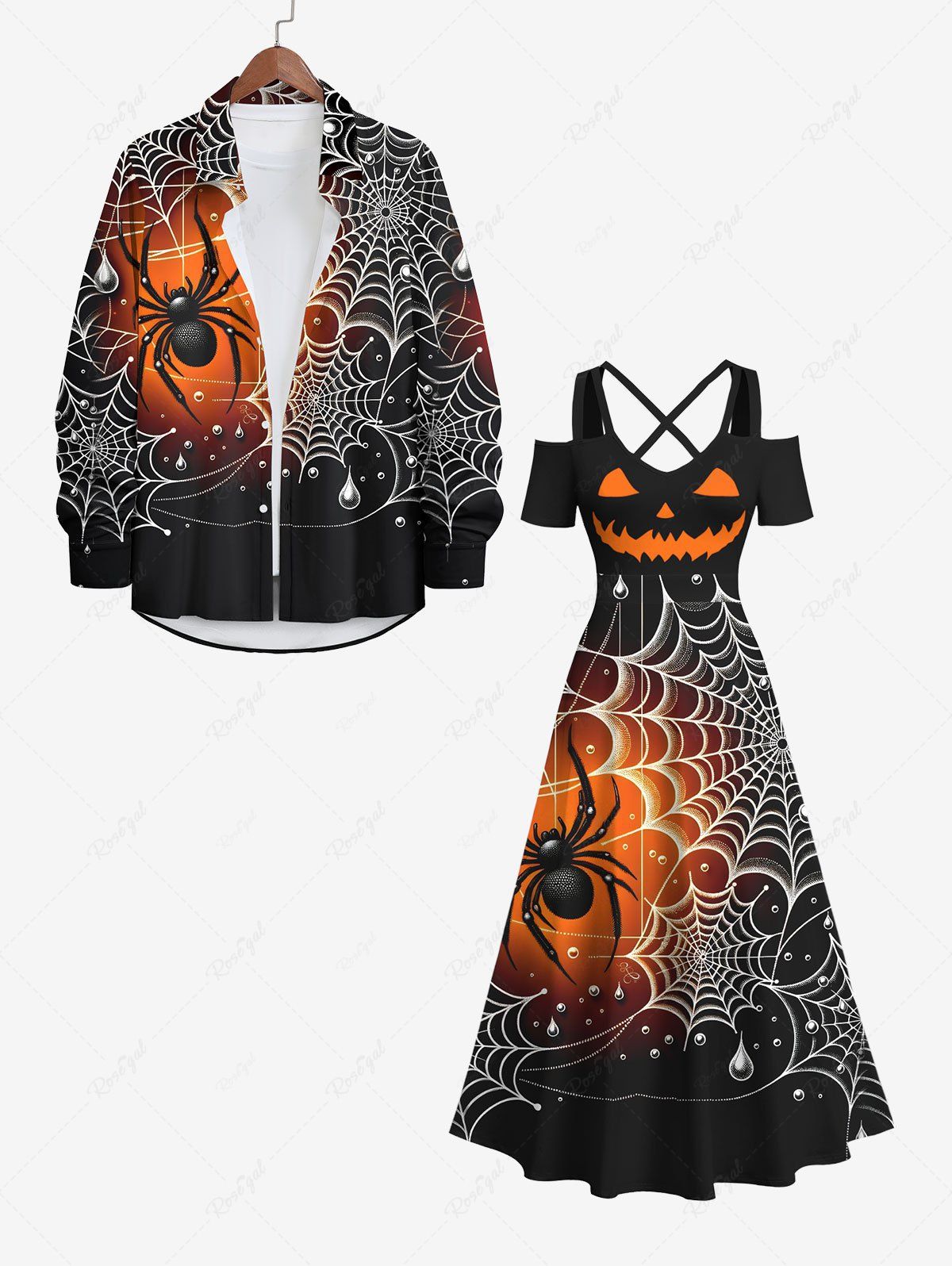 Shops Halloween Costume Pumpkin Spider Web Ombre Colorblock Print Plus Size Matching Outfit For Couples  