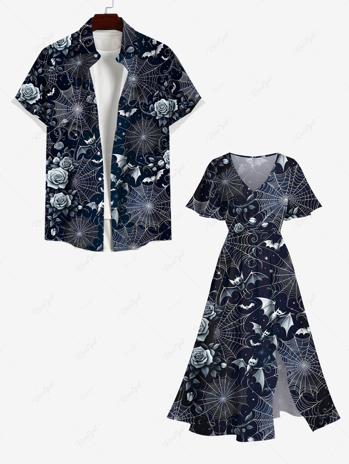 Costume D'Halloween en Dentelle Rose et Chauve-souris Imprimés Grande Taille pour Couples Noir 