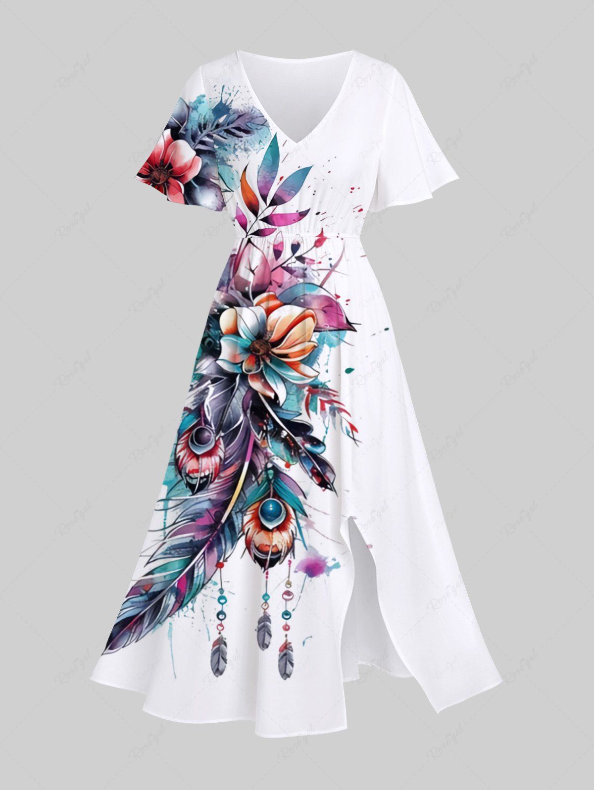 Robe Mi-longue Fendue Imprimé Plume et Fleurs à Glands Grande Taille Blanc 6X