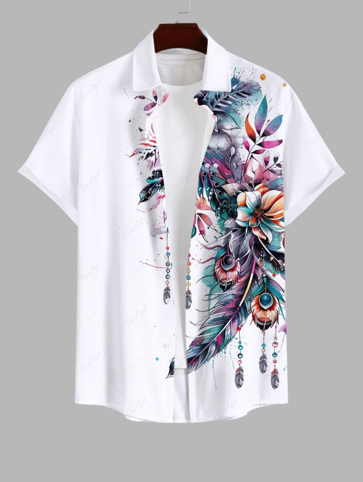 New Plus Size Flowers Leaf Feather Tassel Paint Splatter Print Buttons Pocket Hawaii Shirt For Men  
