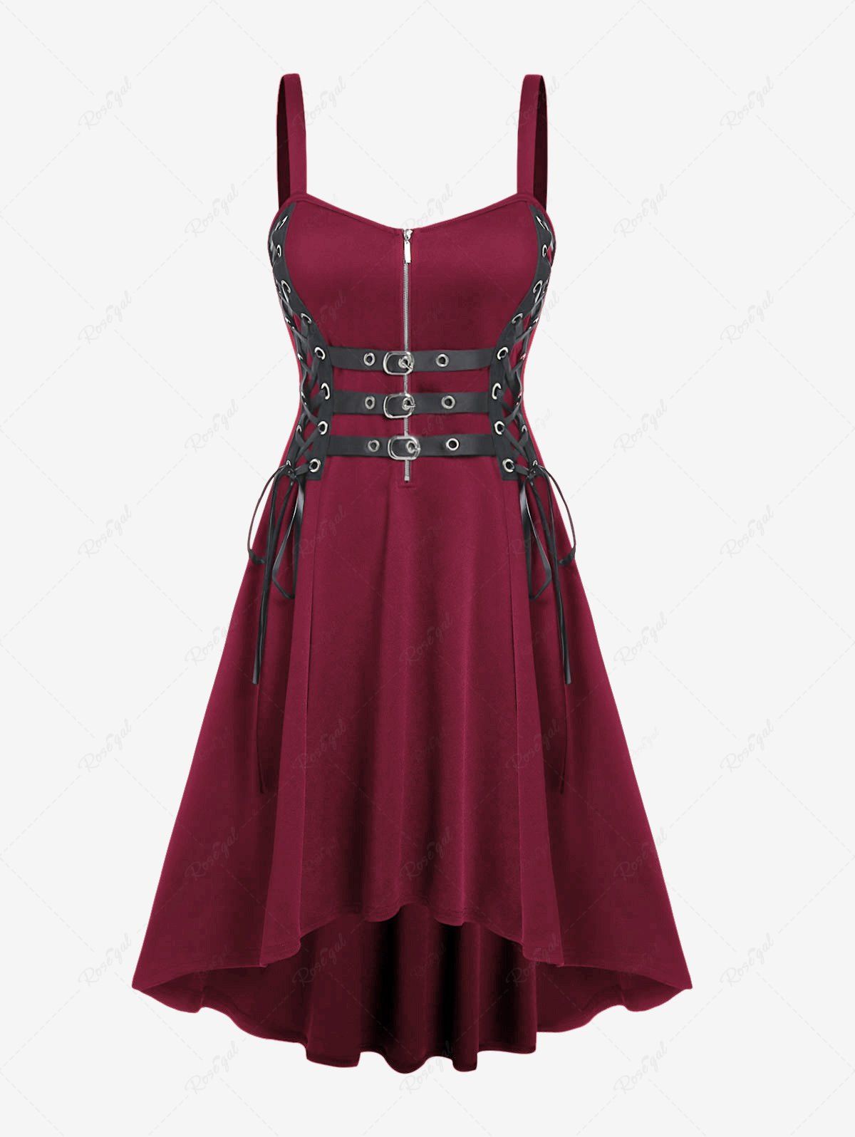 Best Plus Size Grommets Lace Up Buckles Zipper High Low Midi Dress  