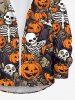 Plus Size Halloween Pumpkin Ghost Skeleton Skulls Bat Print Buttons Long Sleeve Shirt For Men -  
