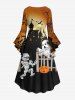 Plus Size Halloween Costume Pumpkin Mummy Ghost Bat Print Flare Sleeve High Low Dress -  