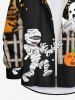 Plus Size Halloween Pumpkin Mummy Ghost Bat Print Buttons Long Sleeve Shirt For Men -  