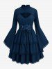 Gothic Lace-up Layered Ruched Floral Lace Trim Cutout Flare Sleeves Dress -  