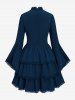 Gothic Lace-up Layered Ruched Floral Lace Trim Cutout Flare Sleeves Dress -  