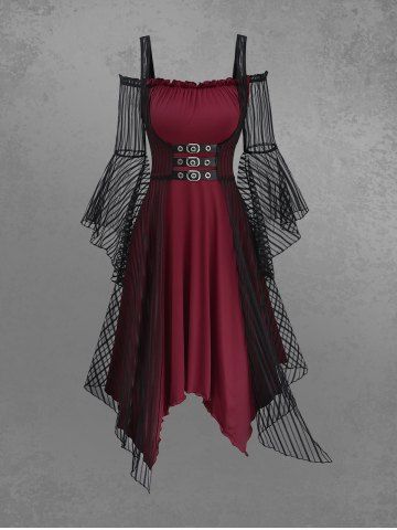 Gothic Cold Shoulder Flare Sleeve Striped Mesh Overlay PU Strap Buckle Grommet Ruched 2 in 1 Handkerchief A Line Dress - DEEP RED - XXL