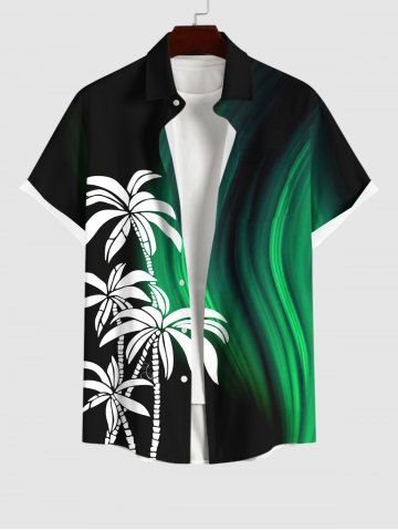 Plus Size Coconut Tree Glitter Curve Light Beam 3D Print Buttons Pocket Hawaii Shirt For Men - BLACK - M