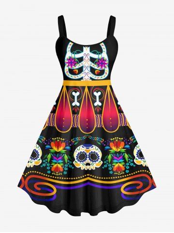 Plus Size Halloween Costume Skeleton Skull Flowers Ethnic Pattern Print Tank Dress - MULTI-A - L