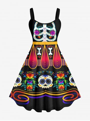 Plus Size Halloween Costume Skeleton Skull Flowers Ethnic Pattern Print Tank Dress - MULTI-A - 4X