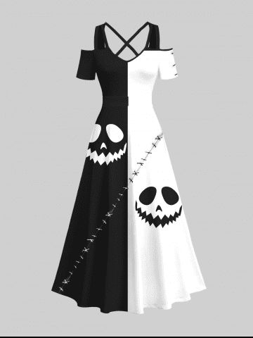 Plus Size Halloween Costume Pumpkin Face Colorblock Ripped Sewing 3D Print Cold Shoulder Crisscross Maxi Dress - MULTI-A - S