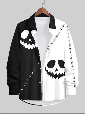 Plus Size Halloween Pumpkin Face Colorblock Ripped Sewing 3D Print Buttons Long Sleeve Shirt For Men - MULTI-A - 4XL