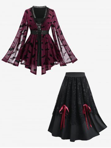 Halloween Costume Bat Star Mesh Flocking Lace Up Top and Skull Layered Bowknot Tied Skirt Plus Size Outfit - DEEP RED