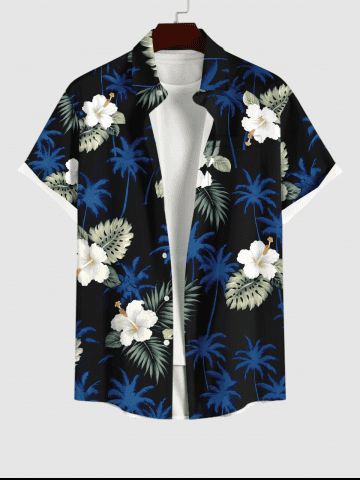 Plus Size Tropical Leaves Floral Coconut Tree Print Hawaii Button Pocket Shirt For Men - BLACK - 2XL