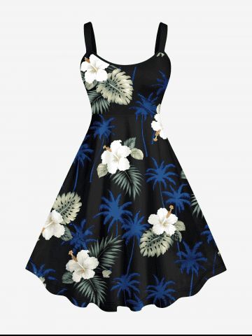 Plus Size Tropical Leaves Floral Coconut Tree Print Hawaii A Line Tank Dress - BLACK - XS